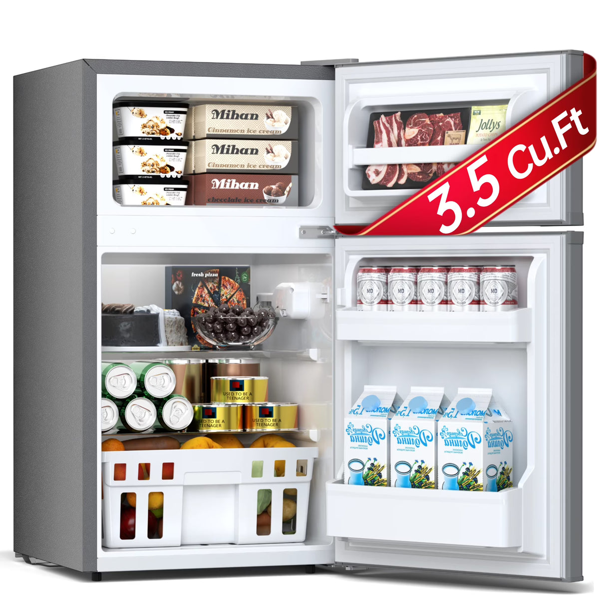 Auseo 3.1 Cu.Ft Double Door Mini Fridge with Freezer, Compact Retro Refrigerator for Dorm, Office, Bar, Bedroom, Black
