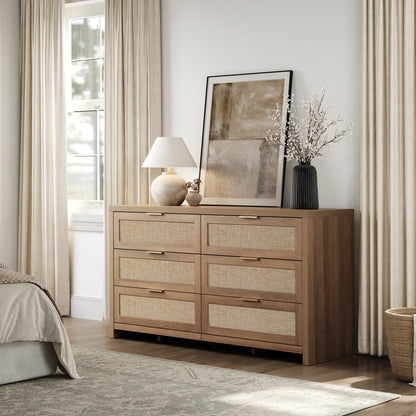 SICOTAS 56.85" 6 Drawer Dresser,Rattan Dresser with Storage,Boho Dressers & Chests of Drawers Wooden Tall  Dresser for Bedroom