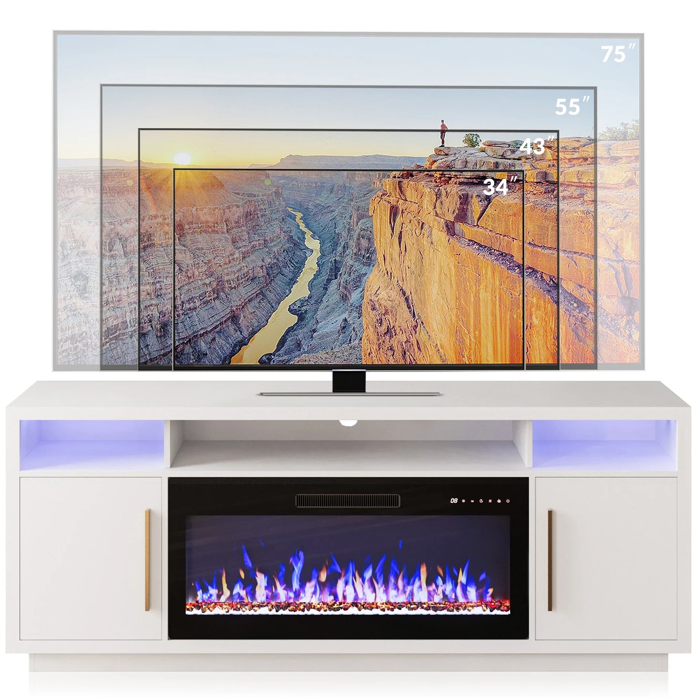 BELLEZE Fireplace TV Stand for TVs Up To 75", Entertainment Center with 36" Electric Fireplace, LED Ambient Lighting, and Storage, Media Console Table 69 Inch - Avenue (Black)