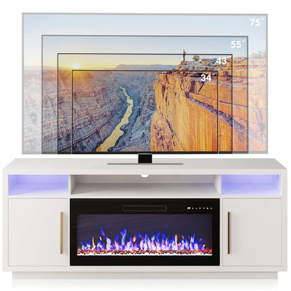 BELLEZE Fireplace TV Stand for TVs Up To 75", Entertainment Center with 36" Electric Fireplace, LED Ambient Lighting, and Storage, Media Console Table 69 Inch - Avenue (Black)