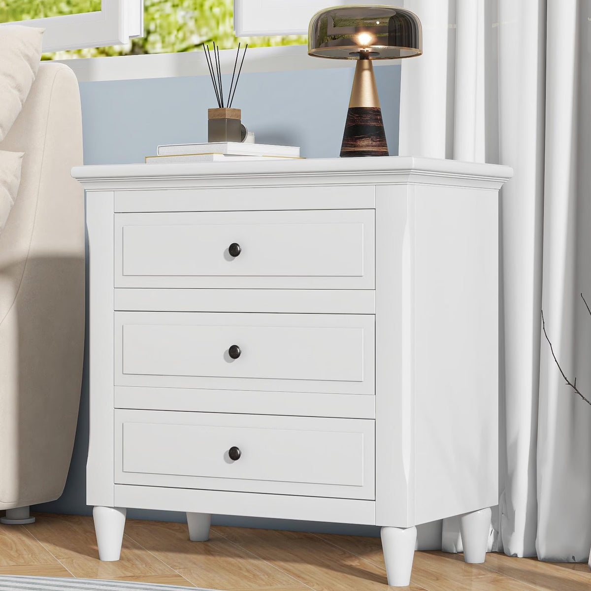 White Nightstand for Bedroom, Atumon Nightstand with 3 Drawers, Wood Bedside Table, Modern Nightstand Furniture for Bedroom, 28"L x 16.9"W x 28"H
