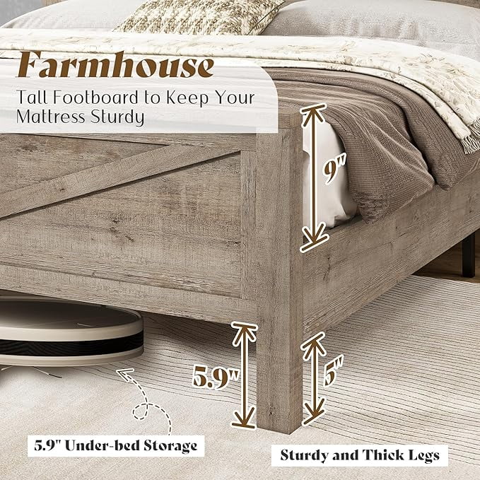 Merluxy Farmhouse Full Bed Frame with Storage Bookcase & Charging Station, Bedroom Furniture, Grey