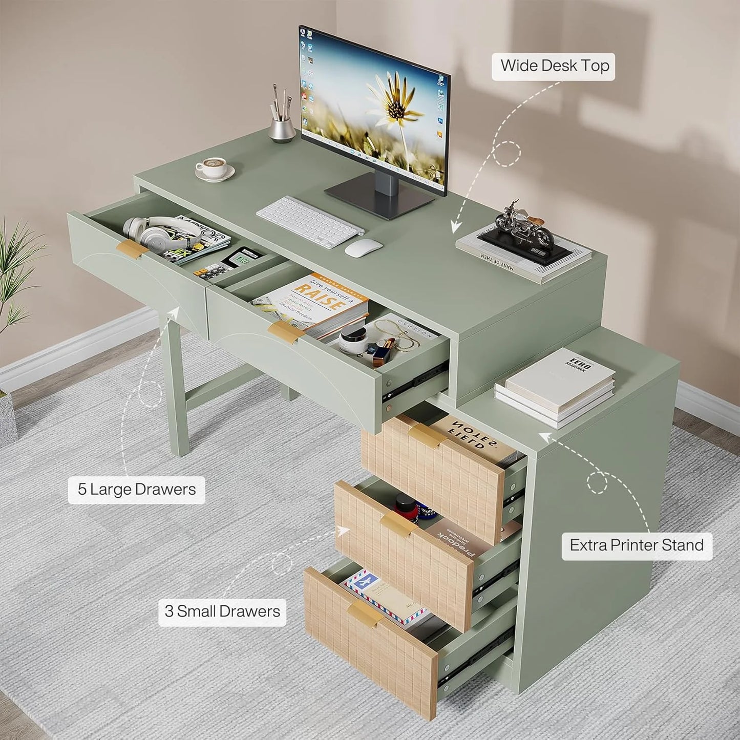 Tribesigns 39" Reversible Computer Desk with 5 Drawers, Wood Writing Desk for Home Office, Green