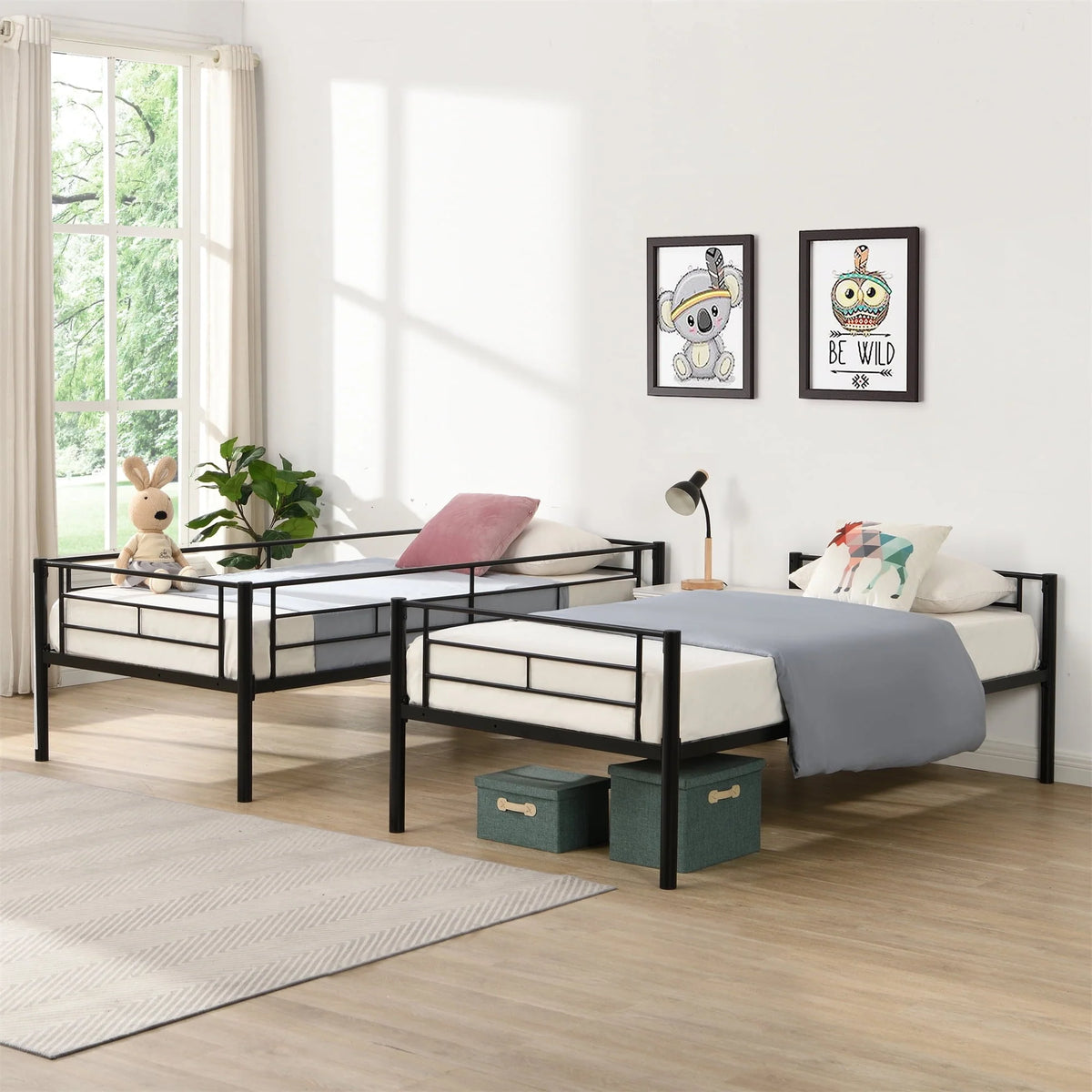 Miniyam Bunk Bed Twin Over Twin Size, Metal Bed Frame with 2 Ladders & Full-Length Guardrail, Noise Free, Black