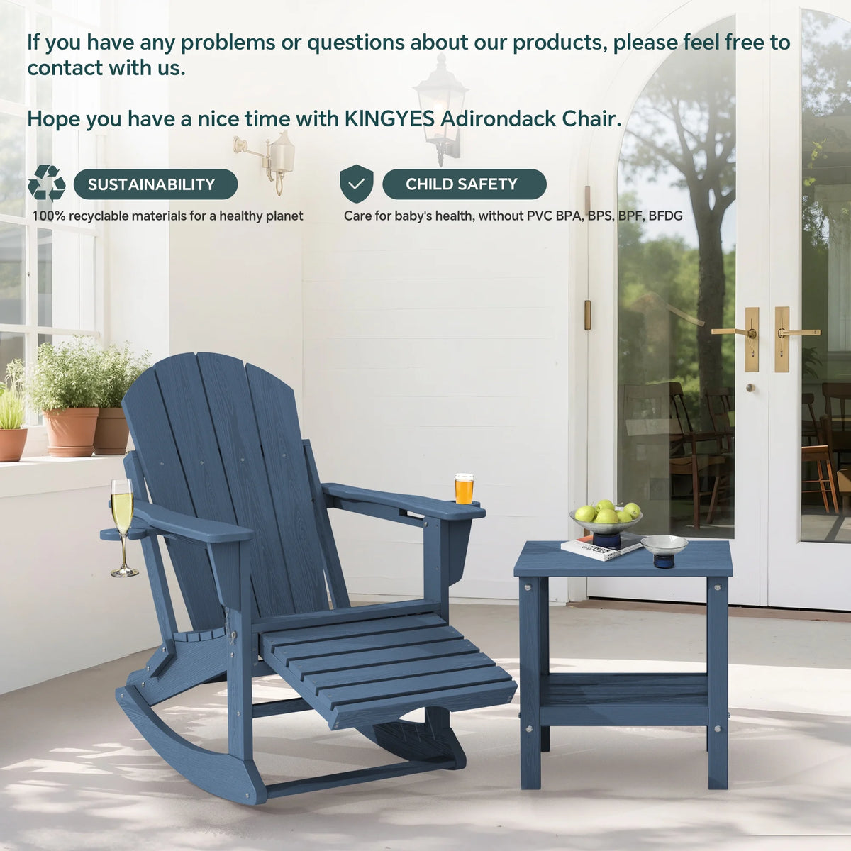 KINGYES Folding Adirondack Rocker Chair Set of 2 W/ Footrest & Dual Cup Holders, HDPE Outdoor Patio Rocking Chair, Black