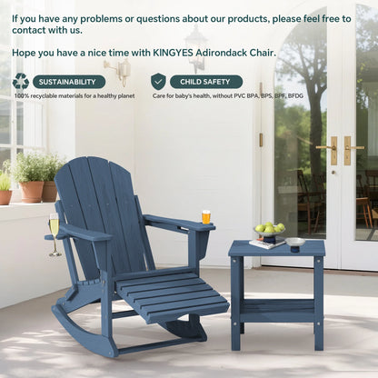 KINGYES Folding Adirondack Rocker Chair Set of 2 W/ Footrest & Dual Cup Holders, HDPE Outdoor Patio Rocking Chair, Black