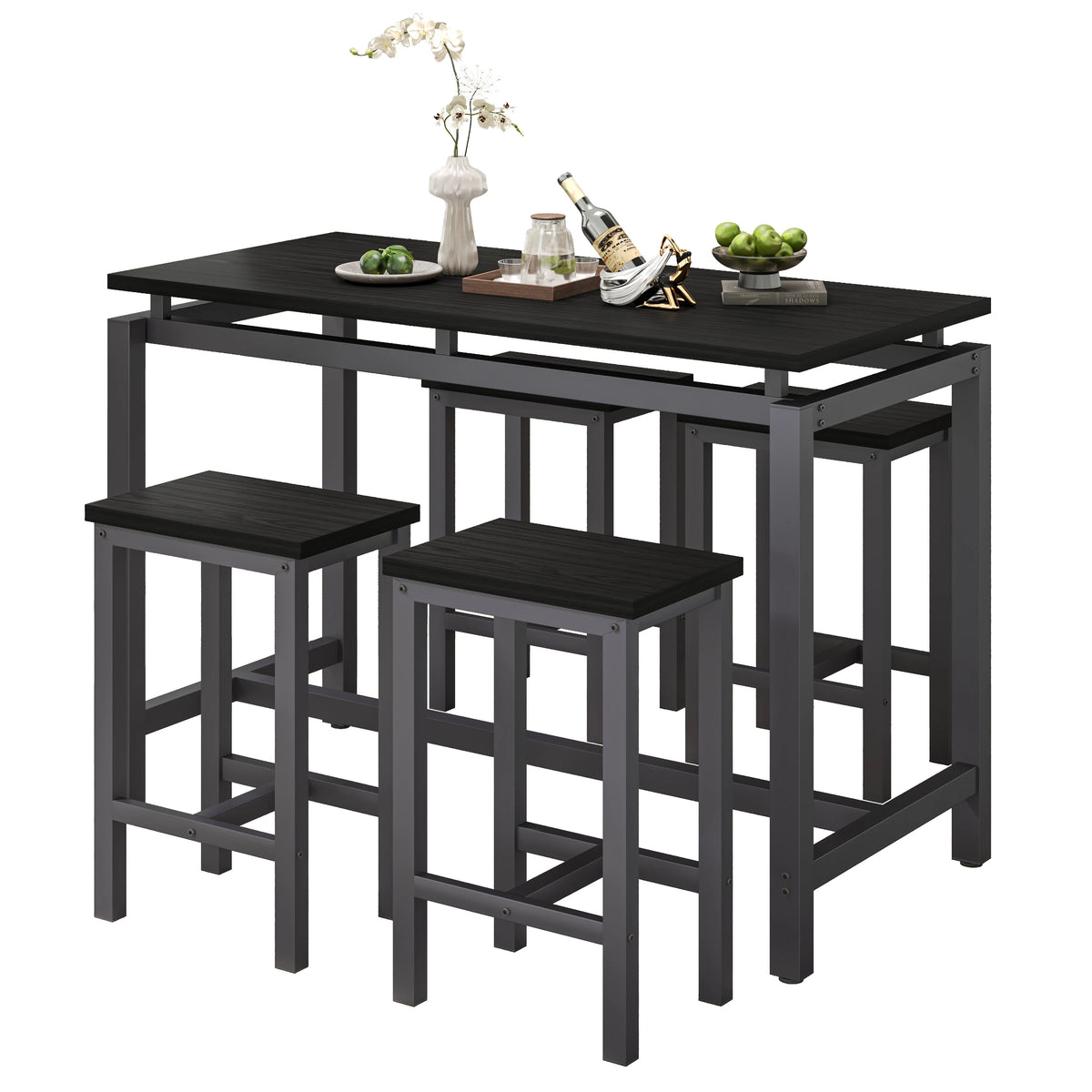 Counter Height Table Set of 5, Breakfast Bar Table and Stool Set, Minimalist Dining Table with Backless Stools, Wood Top Pub Table & Chair Set for Kitchen Apartment Bistro - Space Saving