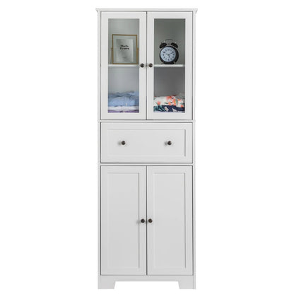 Ktaxon 64" Tall Bathroom Storage Cabinet Organizer, Freestanding Kitchen Pantry Cabinet Line Tower with 2 Glass Doors, Large Drawer & 4 Adjustable Shelves for Dining Room Living Room Home Office,White