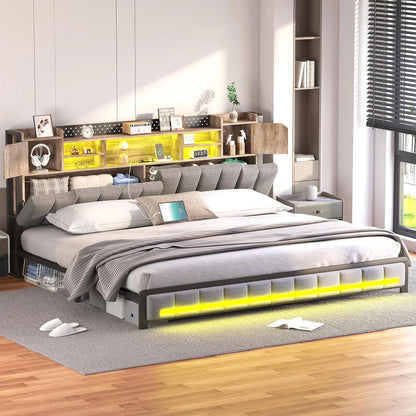 King Size Bed Frame and Bookcase Storage Headboard, LED Upholstered Bed Frame King with Charging Station, Light up King Size Platform Metal Bed Frame, No Box Spring Needed, Charcoal Gray