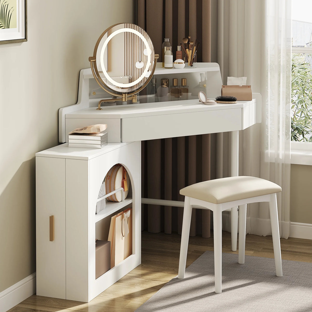 MODERNLUXE Corner Makeup Vanity Desk with Folding Mirror and Lights,Modern Vanity Set with 1 Stool,2 Drawers and 3 Shelves for Bedroom,Women, and Girls,Walnut