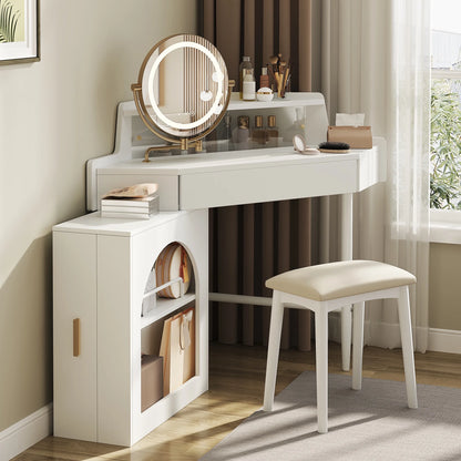 MODERNLUXE Corner Makeup Vanity Desk with Folding Mirror and Lights,Modern Vanity Set with 1 Stool,2 Drawers and 3 Shelves for Bedroom,Women, and Girls,Walnut