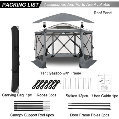 HOTEEL 12x12 Portable Pop-Up Outdoor Camping Gazebo, Screen Tent with Mosquito Nettings, Waterproof, UV, Bite Proof, Removable top Glamping Canopy with Carry Bag, Gray