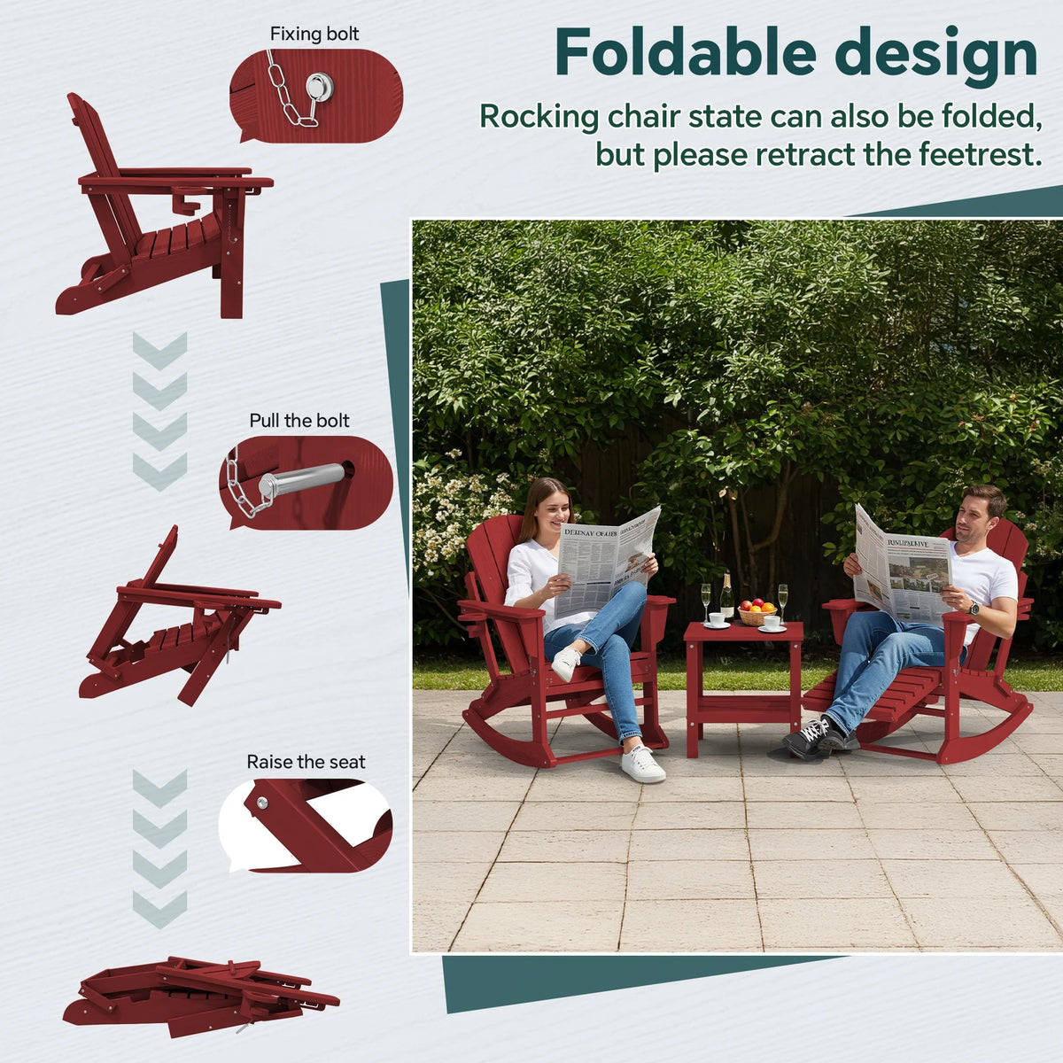 KINGYES Folding Adirondack Rocker Chair Set of 2 W/ Footrest & Dual Cup Holders, HDPE Outdoor Patio Rocking Chair, Black