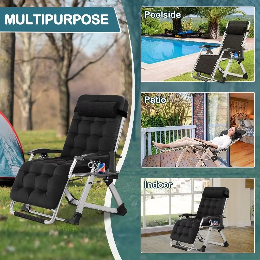 NAIZEA 2 Pack Zero Gravity Chair, Foldable Portable Lawn Recliner with Cushion, Headrest, Cup Holder, Black