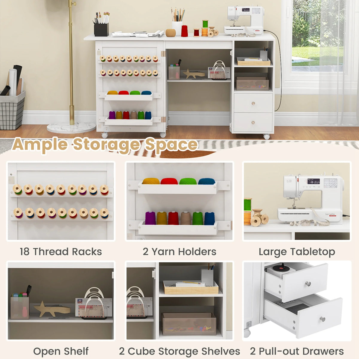 Costway Folding Sewing Table Charging Station Multifunctional Sewing Machine Cart Table