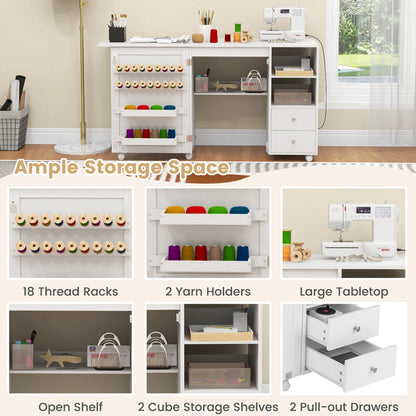 Costway Folding Sewing Table Charging Station Multifunctional Sewing Machine Cart Table