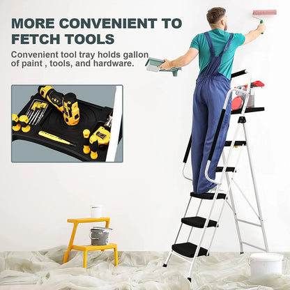 HBTower Folding 5-Step Ladder, 330lbs, with Handrails and Tool Tray and Anti-Slip Pedal, White