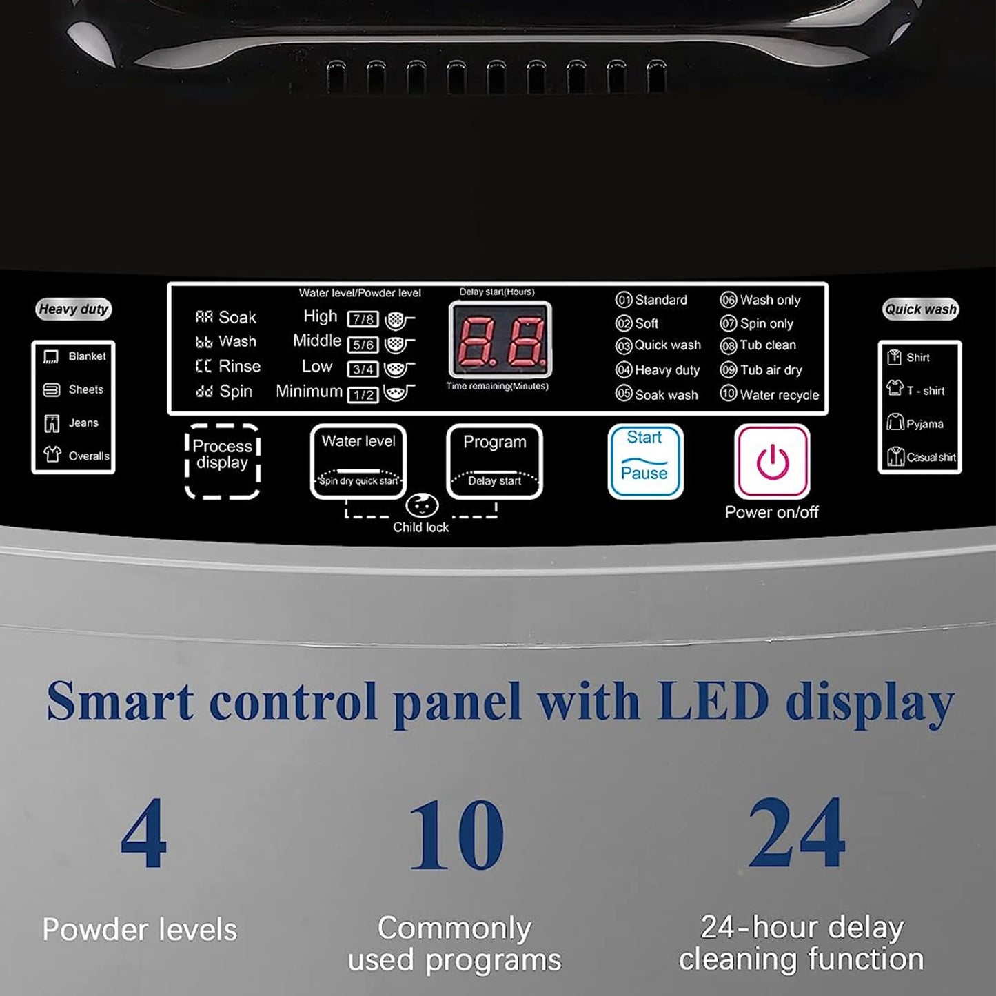Full-Automatic Washing Machine, Portable Laundry Washer, Compact 17.7 lbs, LED Display, Drain Pump, 10 Wash Programs 8 Water Levels