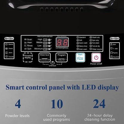 Full-Automatic Washing Machine, Portable Laundry Washer, Compact 17.7 lbs, LED Display, Drain Pump, 10 Wash Programs 8 Water Levels