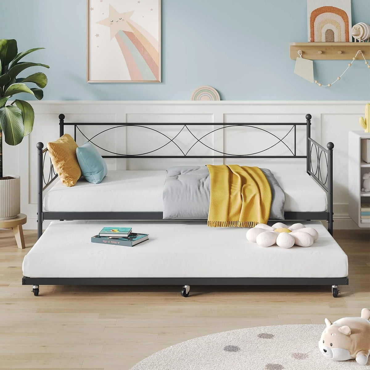 Senfot Twin Daybed with Trundle, Pull Out Trundle Day Bed, Twin Mattress Foundation with Metal Slats, Modern Sofa Bed for Living Room, Bedroom, and Guest Room, Black