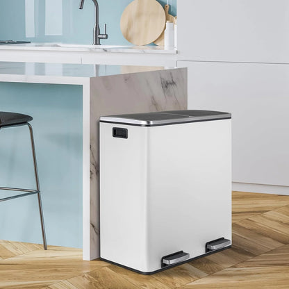 LAZY BUDDY Dual Garbage Can, Stainless Steel 16 Gallon Step Kitchen Trash Can with Soft-Close Lid, Double Compartment Garbage Recycling Bin