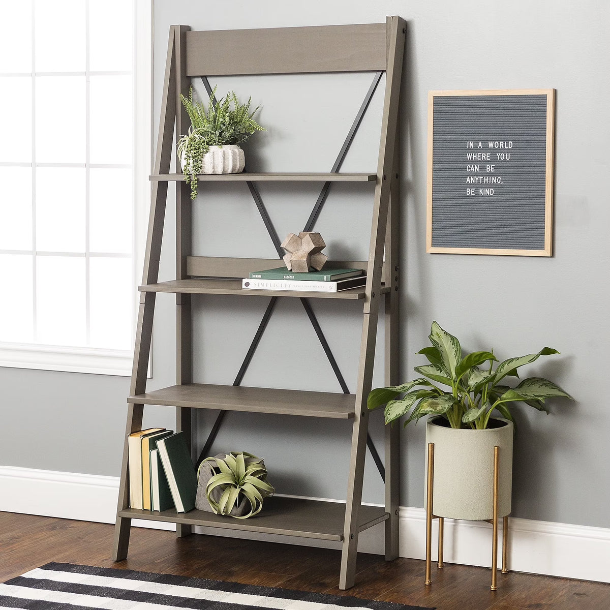 Walker Edison Solid Wood 4-Shelf Ladder Bookshelf, Brown