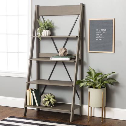 Walker Edison Solid Wood 4-Shelf Ladder Bookshelf, Brown