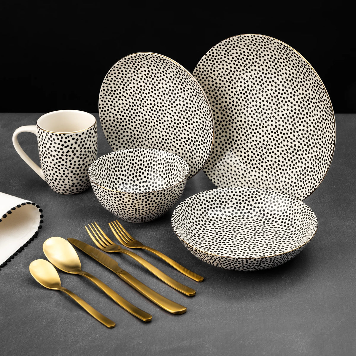 Thyme & Table 60-Piece Dot Dinnerware & Gold Flatware Set, Service for 6