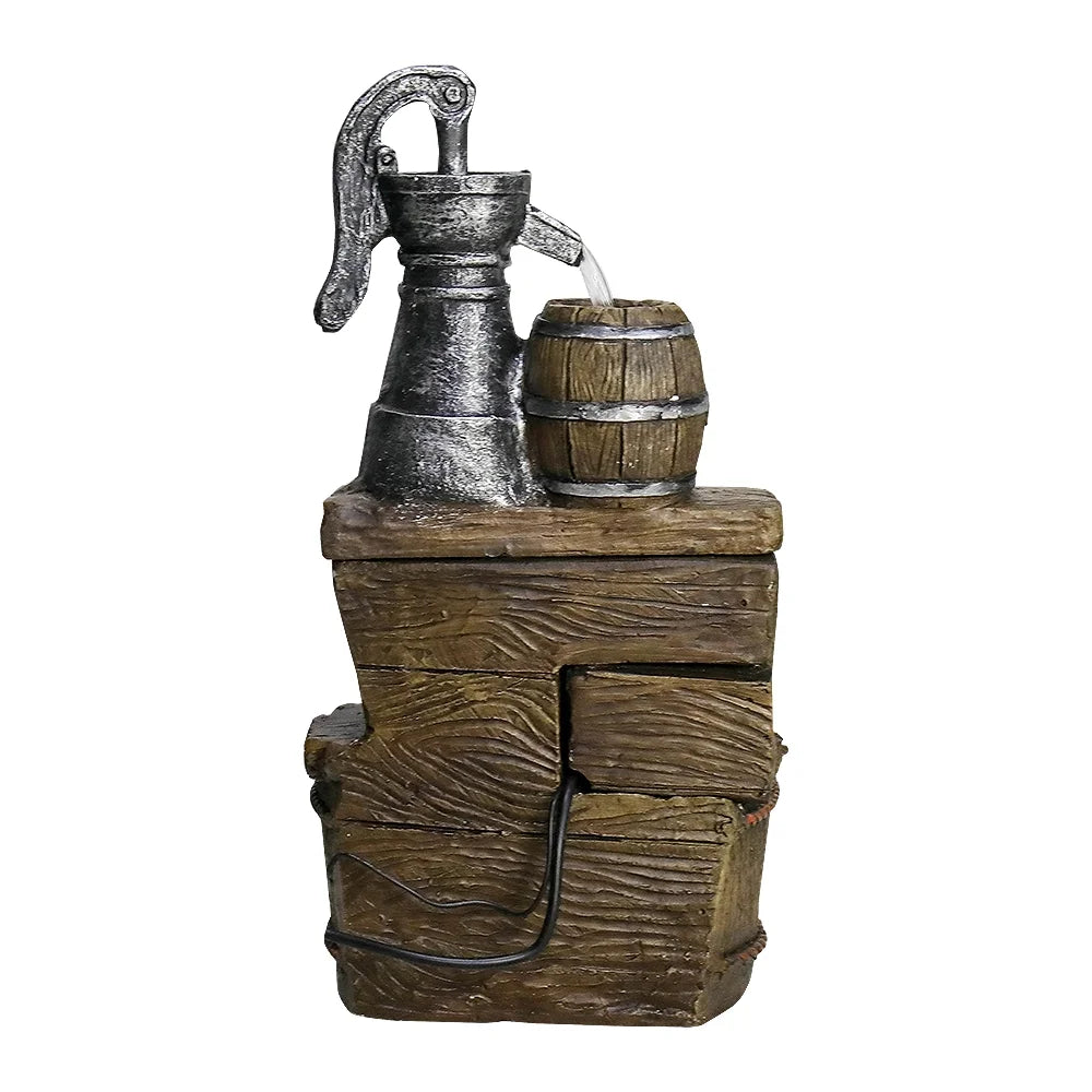 Outdoor Floor Rustic 5-Tiered Barrel and Pump Water Fountain for Garden and Patio Decor
