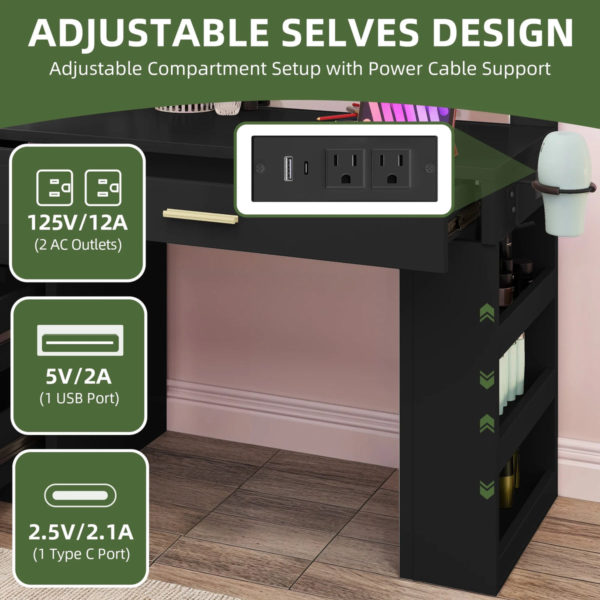 Uforic Makeup Vanity Desk with Mirror & Lights, Vanity Desk with 4 Drawers & Storage Shelves - White