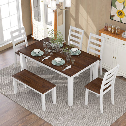 Rustic Dining table Set for 6, Wooden Rectangular Kitchen Dining Table with 4 Upholstered Dining Chairs and 1 Padded Bench, Dining Set with 4 Chairs, Dining Set for 6, Brown+Whitewash