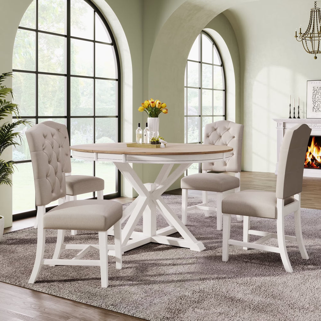 Harper & Bright Designs Round Extendable Dining Table Set for 4, 5 Piece Farmhouse Wood Dining Table Set with 4 Upholstered Dining Chairs, Natural Wood Wash