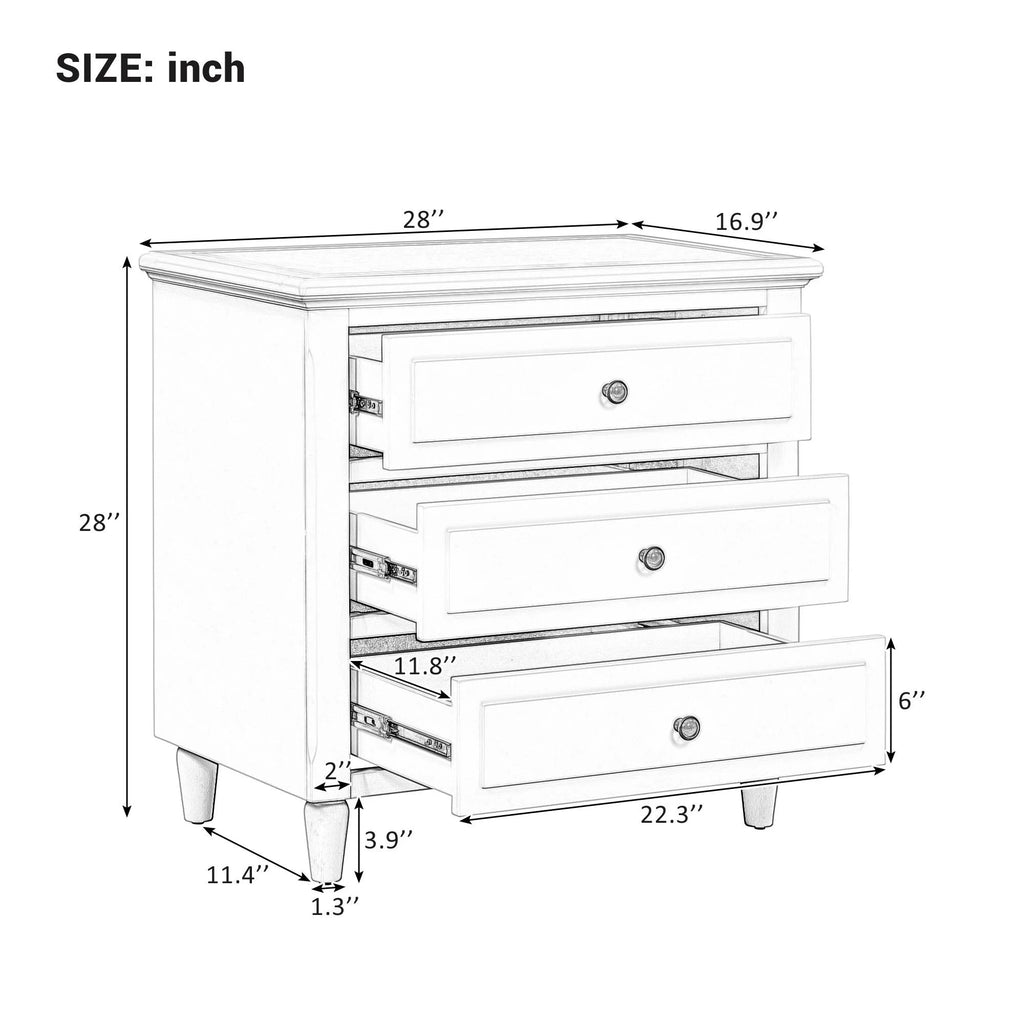 White Nightstand for Bedroom, Atumon Nightstand with 3 Drawers, Wood Bedside Table, Modern Nightstand Furniture for Bedroom, 28"L x 16.9"W x 28"H