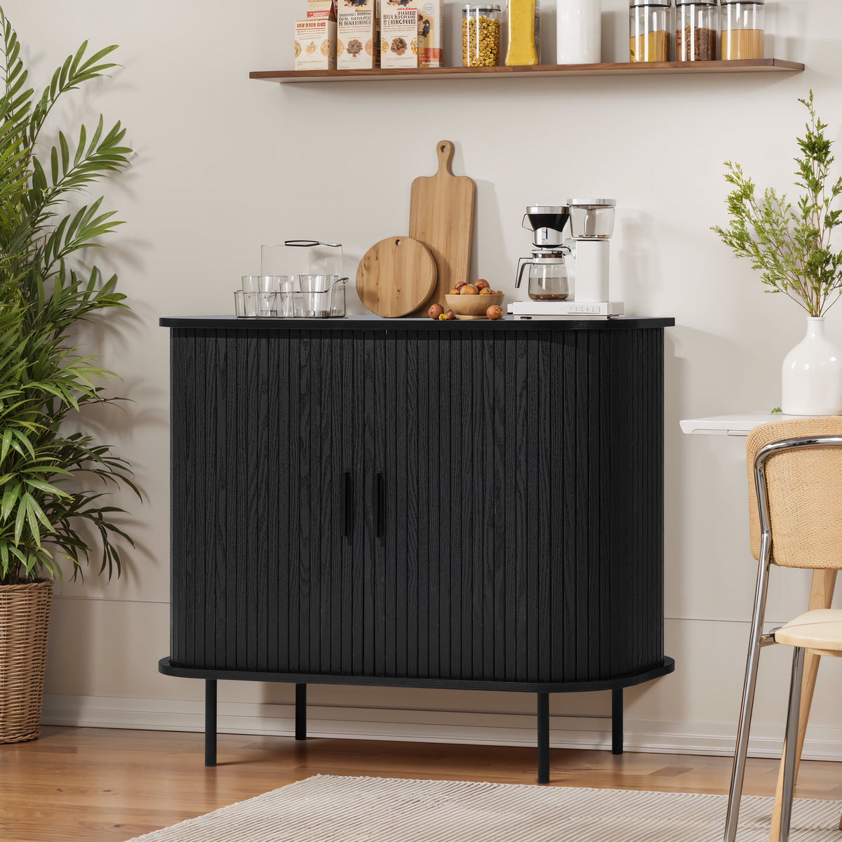 LuxenHome 35" Mid Century Modern Accent Cabinet, Small Buffet Cabinet with Sliding Door, Oak