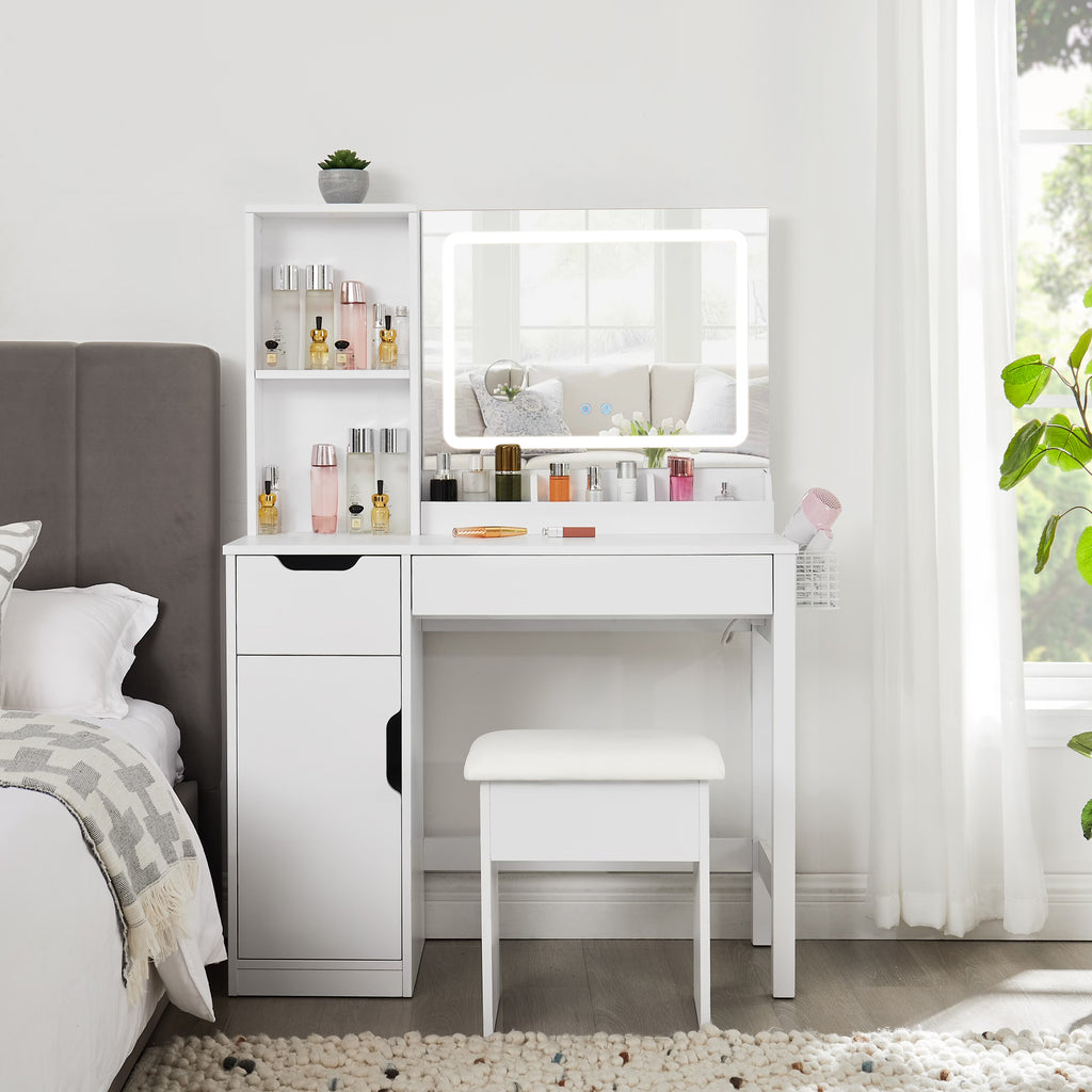 Mainstays Get Ready with Me GRWM Deluxe 2-Piece Vanity and Stool with Lighted Mirror and USB Power, White Finish
