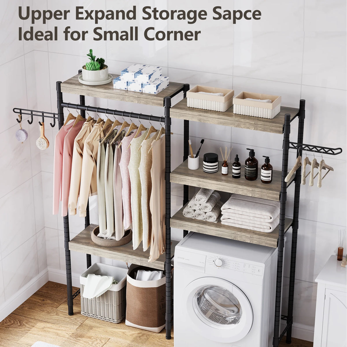 5 Tier Wood Over The Washer and Dryer Storage Shelf with Drying Clothes Racks Laundry Room Shelf Laundry Room Organization and Storage for Hanging Towels and Drying Clothes