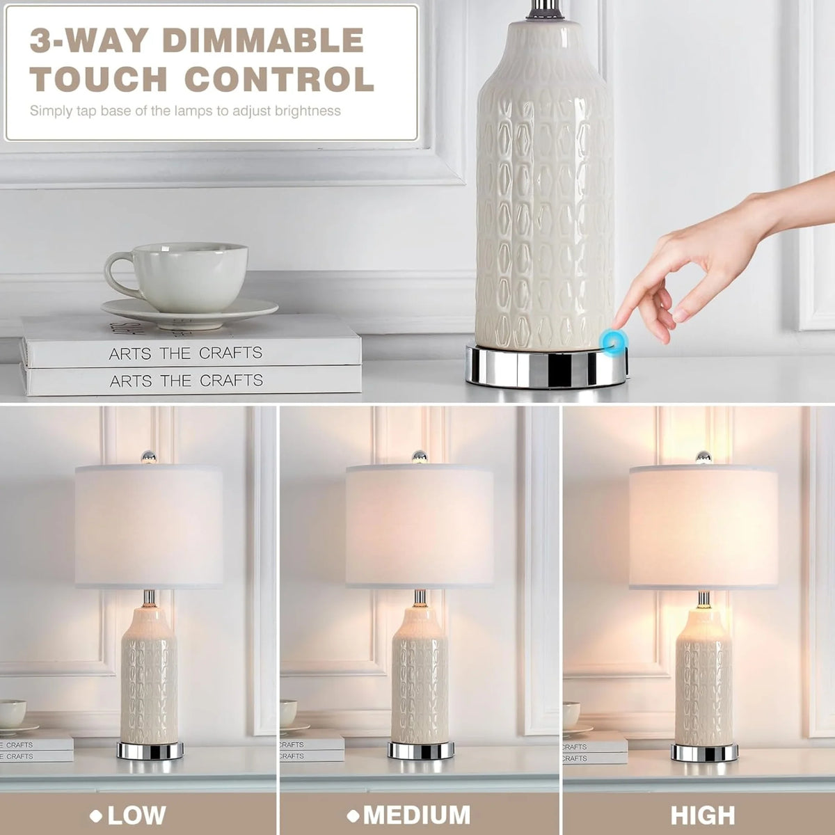 Cinkeda Table Lamp Set of 2 for Living Room Bedroom with USB Ports AC Outlet 3 Way Dimmable Touch Nightlight Farmhouse White Floral Nightstand Bedside Lamps