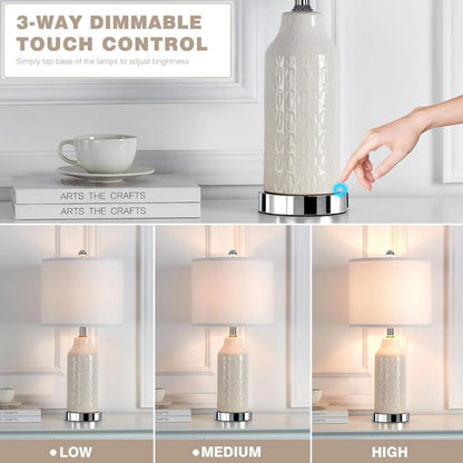 Cinkeda Table Lamp Set of 2 for Living Room Bedroom with USB Ports AC Outlet 3 Way Dimmable Touch Nightlight Farmhouse White Floral Nightstand Bedside Lamps