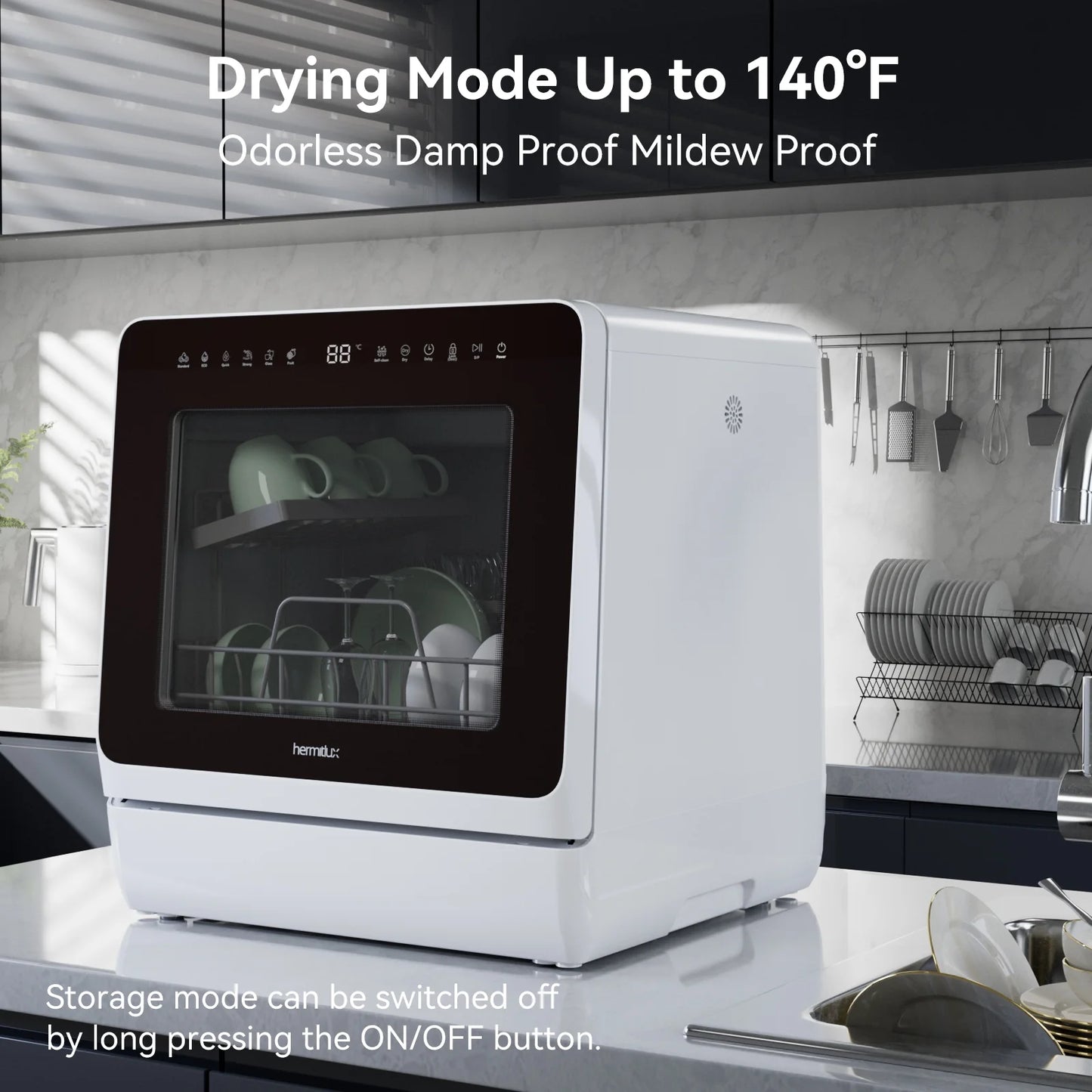 Hermitlux Portable Countertop Dishwasher, 5 Washing Programs, 5L Built-in Water Tank and Air-Dry Function, HMX-DW03