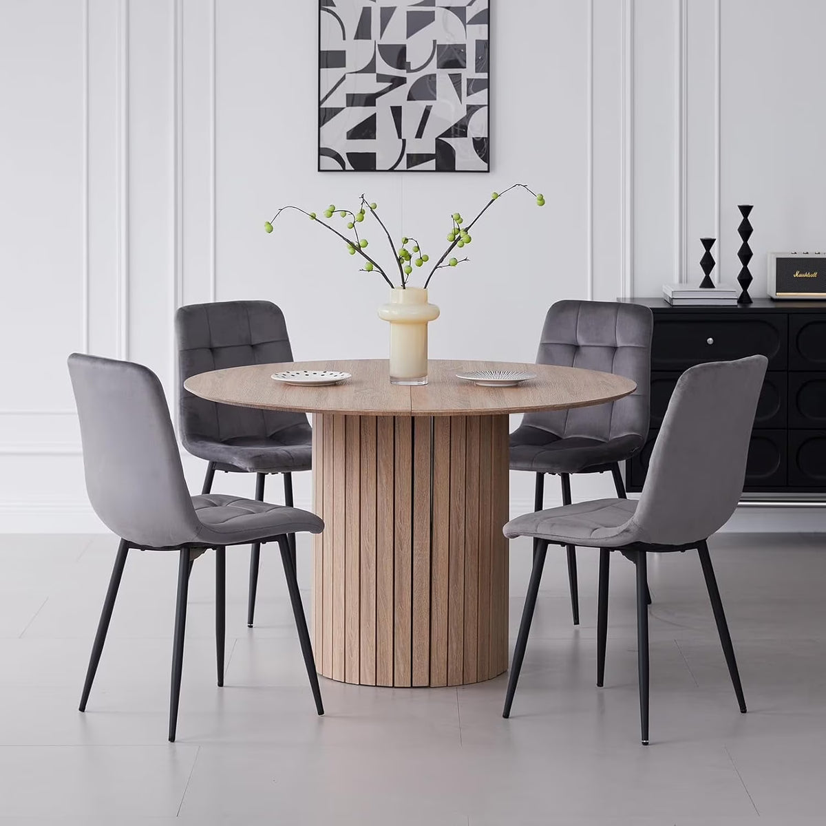 5 Piece Round Dining Table Set - Mid-Century 47 inch Oak Dining Table with 4 Brown Faux Leather Chairs Set, Dinner Table & Chair with Metal Legs for Kitchen Dining Room, Apartment, Bedroom