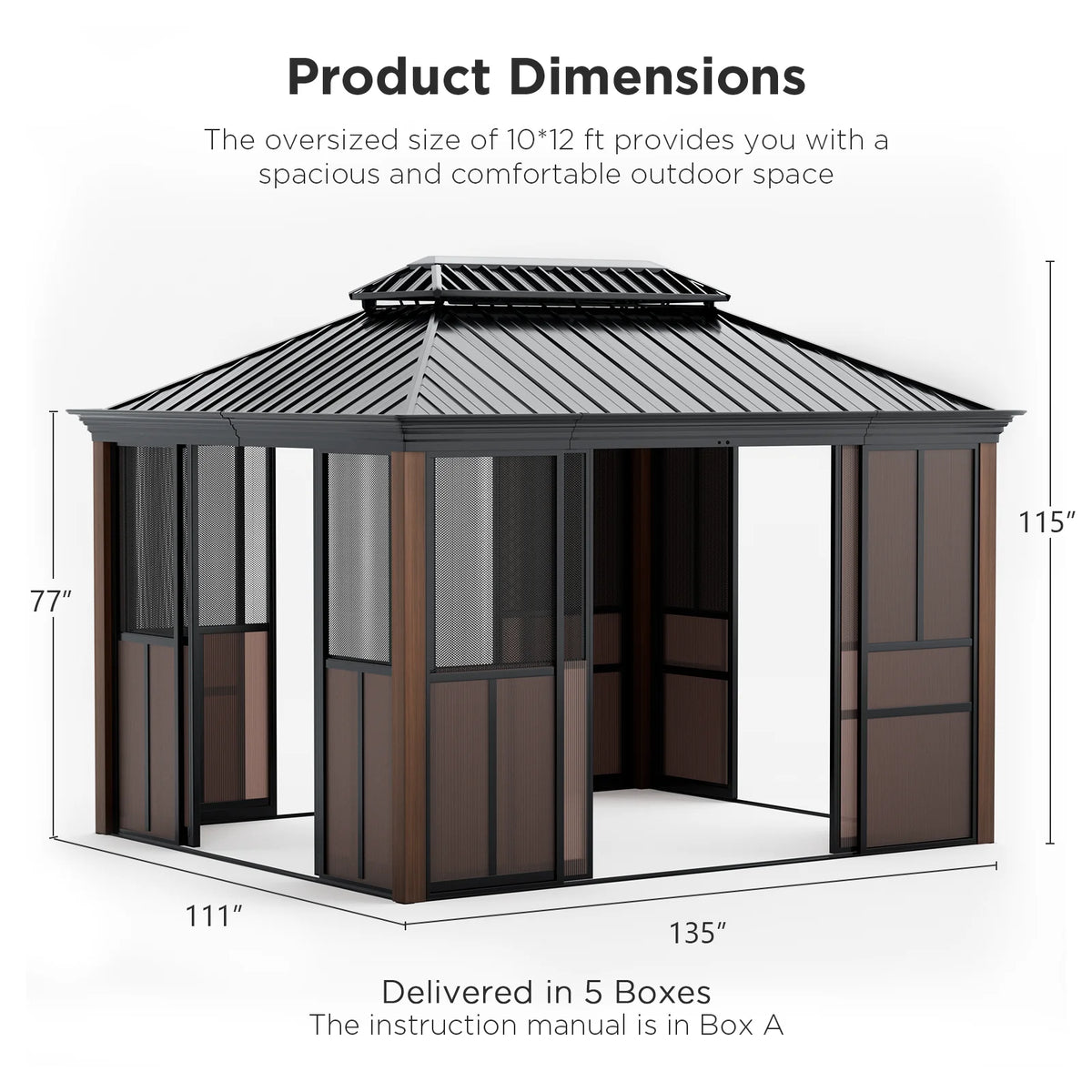 EROMMY 10'x 12' Sunroom, with Front Door, Side Entrance, Galvanized Steel Double Top, Wood Grain Appearance, Aluminum Alloy Frame, Solarium Backyard Sun Room