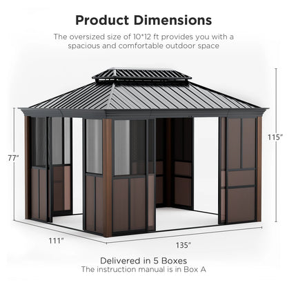 EROMMY 10'x 12' Sunroom, with Front Door, Side Entrance, Galvanized Steel Double Top, Wood Grain Appearance, Aluminum Alloy Frame, Solarium Backyard Sun Room