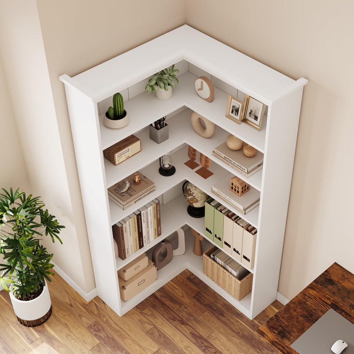 EuKer 5 Tier Corner Bookcase, L-Shaped Bookshelf with Large Storage Capacity for Living Room, Bedroom, Office (Half Panel, Retro Brown)