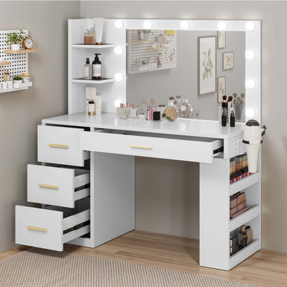 Uforic Makeup Vanity Desk with Mirror & Lights, Vanity Desk with 4 Drawers & Storage Shelves - White