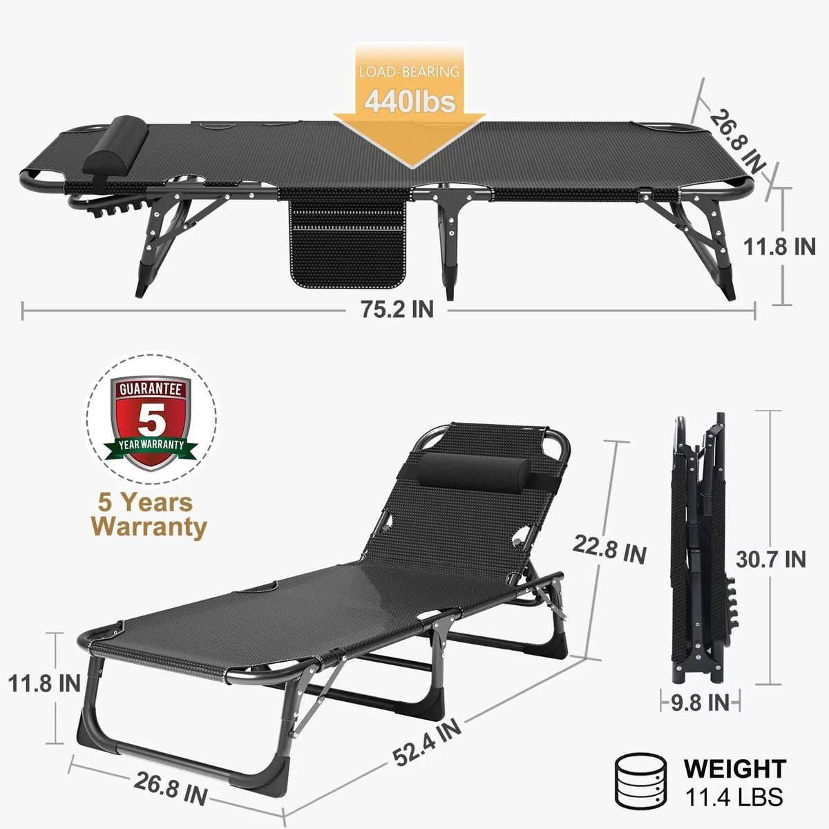 MOPHOTO Lounge Chair with Mattress, Outdoor Chaise Lounge Support 440 Lbs, Adjustable Portable Heavy Duty Sleeping Cots Bed for Camping, Pool, Beach, Patio