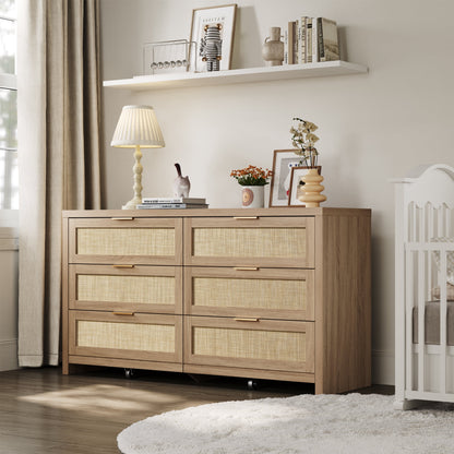SICOTAS 56.85" 6 Drawer Dresser,Rattan Dresser with Storage,Boho Dressers & Chests of Drawers Wooden Tall  Dresser for Bedroom
