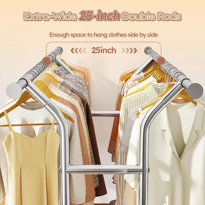 Clothes Rack with Wheels, Heavy-Duty Garment Rack for Hanging Clothes, Adjustable  Freestanding Wardrobe Organizers and Storage with Double Sheves