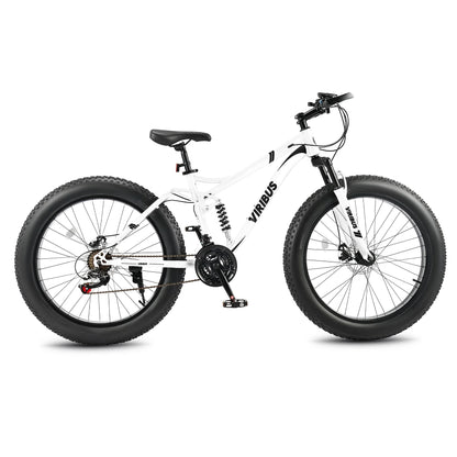 VIRIBUS 26" Fat Tire Mountain Bike Full Suspension Bike with 21 Speeds Disc Brakes White
