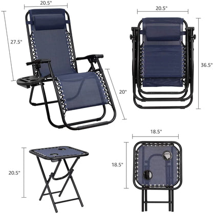 Vineego 3 Pieces Zero Gravity Chair Patio Foldable Chaise Lounge Chairs 2 Beach Chairs and Table with Cup Holders,Beige
