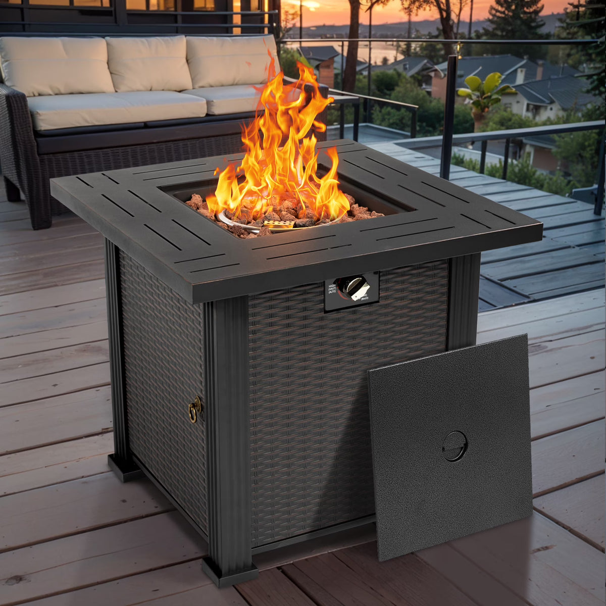 28" Fire Pit Table, Propane Fire Pit with Lid, Lava Rocks, 50000 BTU Outdoor Gas Fire Pit, Metal Square Propane Fire Pit for Outside Garden Backyard Deck Patio, Brown, LLL4008